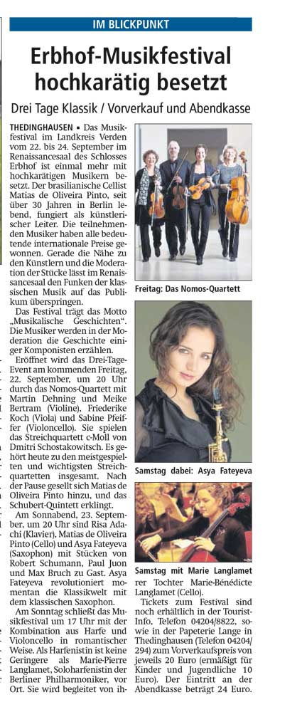 Zeitungsartikel zum Musikfestival im Landkreis Verden